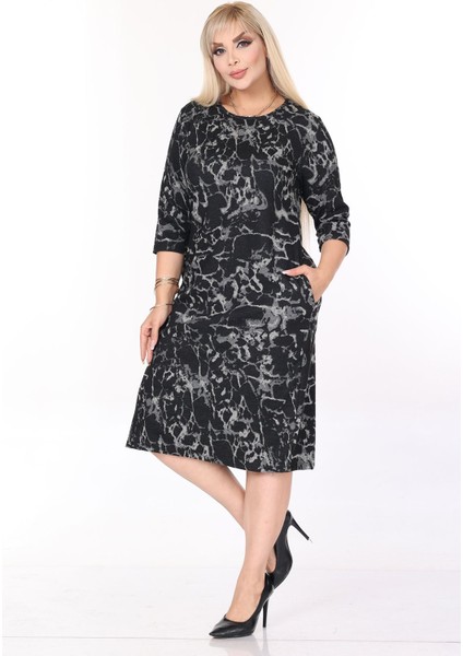 Çift Cepli Desenli Esnek Kışlık Büyük Beden Midi Elbise 44C-2703 modelleri