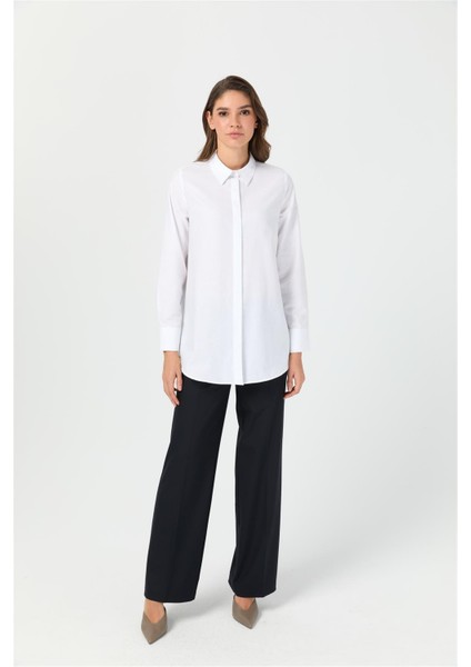 Oxford Dokulu Arkası Pileli Tunik Beyaz