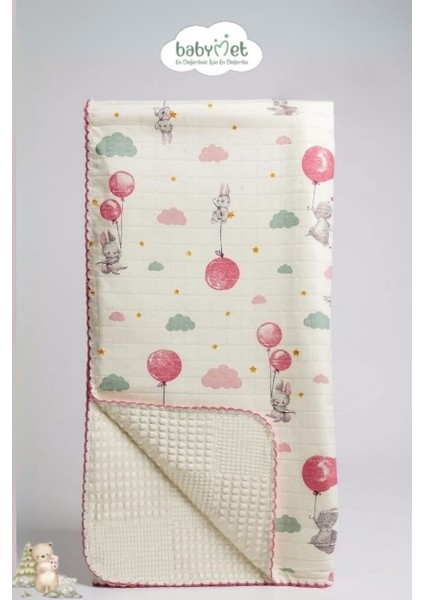 %100 Pamuk Müslin Pike Bebek Battaniyesi 100x100 cm – Çift Taraflı Balonlu Tavşan Desenli, Doğal&Yumuşak