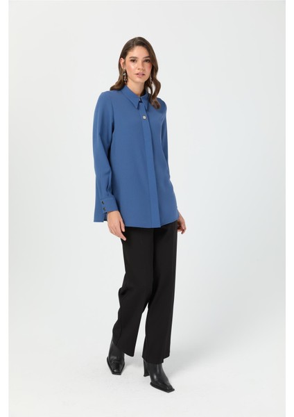 Aksesuar Detaylı Gömlek Indigo modelleri
