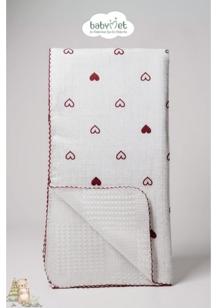 %100 Pamuk Müslin Pike Bebek Battaniyesi 100x100 cm – Çift Taraflı Kalp Desenli, Doğal&Yumuşak