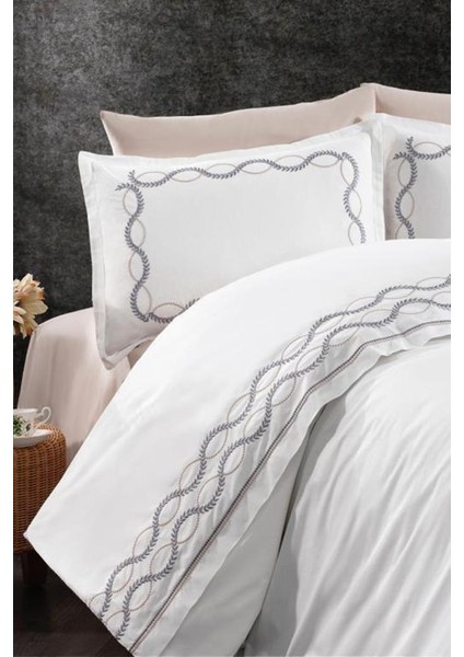 Başak Nakışlı %100 Pamuk Çift Kişilik Nevresim Takımı Gri
