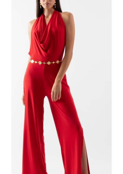 Falcon Degaje Yaka Boyundan Bağlamalı Abiye Tulum Kırmızı fiyatları