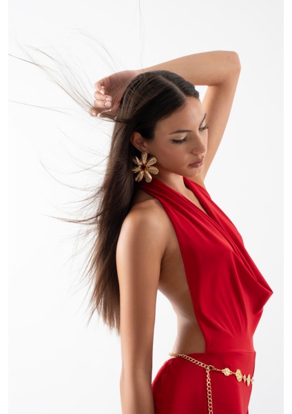 Falcon Degaje Yaka Boyundan Bağlamalı Abiye Tulum Kırmızı modelleri