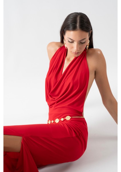 Falcon Degaje Yaka Boyundan Bağlamalı Abiye Tulum Kırmızı indirimleri