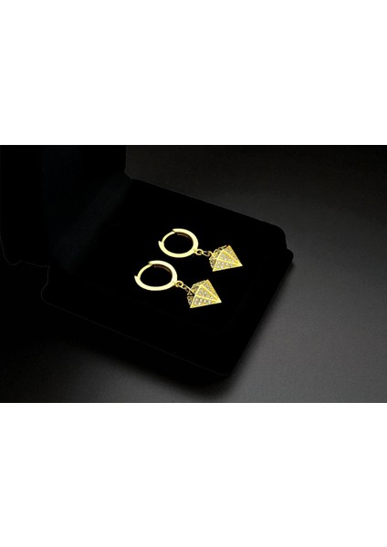 Elmas Küpe Sallantılı 925 Ayar Gümüş 18 Ayar Altın Kaplama Kadife Kutulu