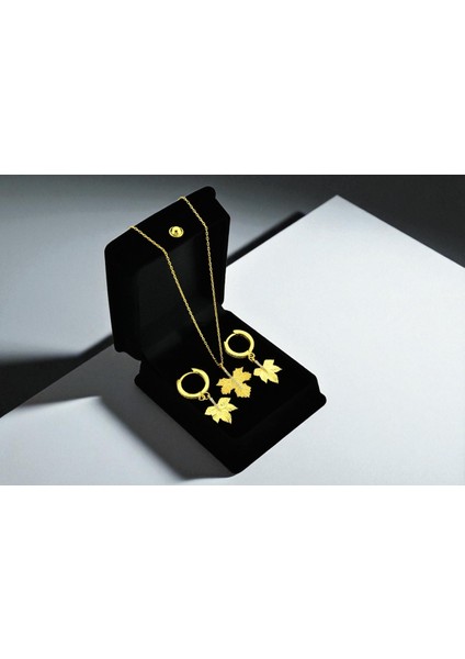 Sallantılı Yaprak Küpe ve Kolye Seti 925 Ayar Gümüş 18 K Gold Kaplama