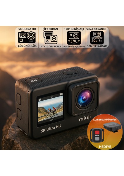 Action 12 Pro 5K 30FPS 24MP Çift Ekran 170° Aksiyon Kamerası - Kumanda ve Mikrofon Hediyeli