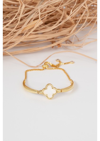 925 Ayar Gümüş Altın Yaldızlı Sedefli Yonca Modeli Asansörlü Bileklik SGTL13056BEYAZ fırsatları