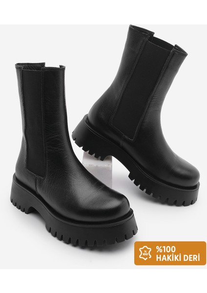 Kadın Hakiki Deri Günlük Bot Kalın Tırtıklı Taban Elastik Yan Bantlı Bukre Siyah