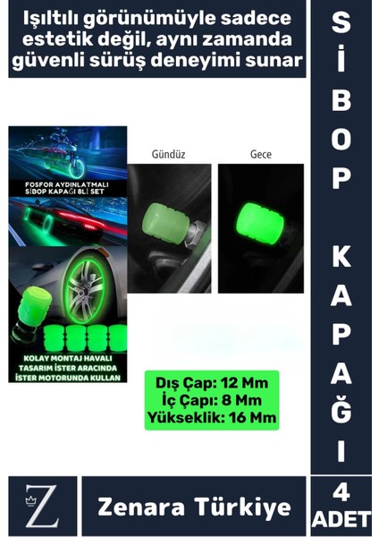 Tüm Otomobil Bisiklet Motosiklet Minibüslerle Uyumlu Kolay Montaj Fosforlu Sibop Kapağı 4 Adet