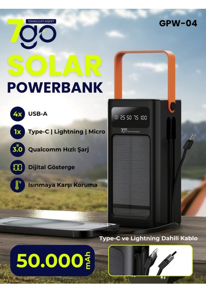 Gpw-04 50.000MAH Solar Powerbank – 4xusb-A, Qualcomm 3.0 Hızlı Şarj, Dahili Lightning & Usb-C Kablo, Dijital Yüzdelik Ekran