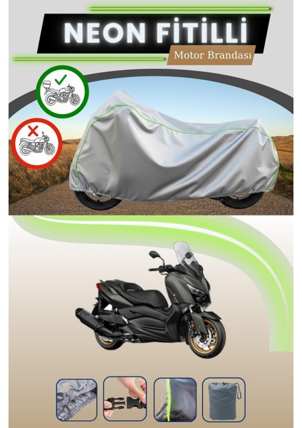 Gri Arka Çanta Uyumlu Neon Fitilli Yamaha X-Max 400 Tech Max Uyumlu Motosiklet Brandası