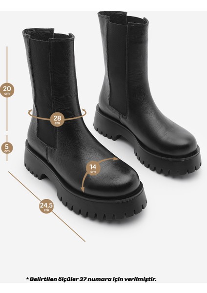 Kadın Hakiki Deri Günlük Bot Kalın Tırtıklı Taban Elastik Yan Bantlı Bukre Siyah