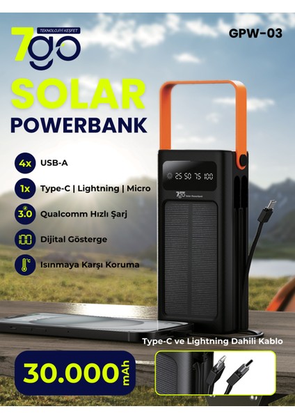 Gpw-03 30.000MAH Solar Powerbank – 4xusb-A, Qualcomm 3.0 Hızlı Şarj, Dahili Lightning & Usb-C Kablo, Dijital Yüzdelik Ekran