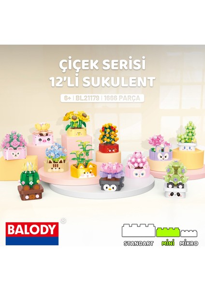 Çiçek Serisi 12’li Sukulent Yapı Bloğu Seti – 1666 Parça