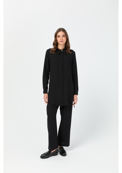 Yandan Büzgü Detaylı Pantolonlu Takım Siyah