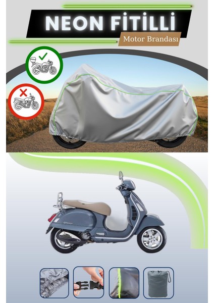 Gri Arka Çanta Uyumlu Neon Fitilli Vespa Gts 150 Abs Uyumlu Motosiklet Brandası
