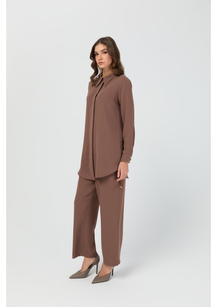 Yandan Büzgü Detaylı Pantolonlu Takım Taba modelleri