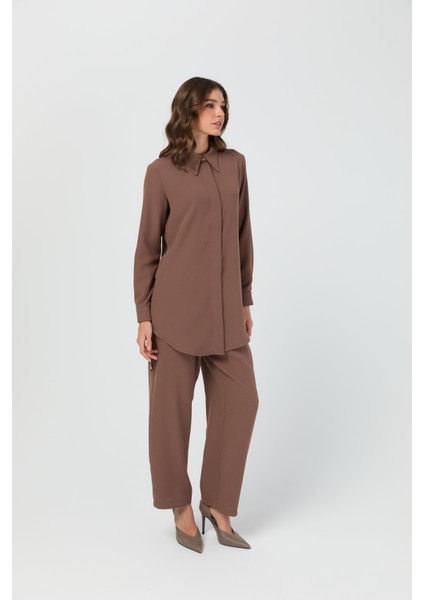 Yandan Büzgü Detaylı Pantolonlu Takım Taba fırsatları