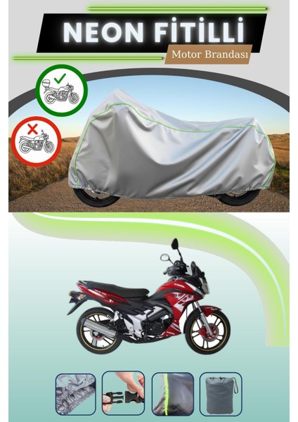 Gri Arka Çanta Uyumlu Neon Fitilli Kral Motor KR-100-16 Uyumlu Motosiklet Brandası