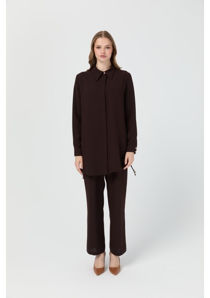 Yandan Büzgü Detaylı Pantolonlu Takım Kahve