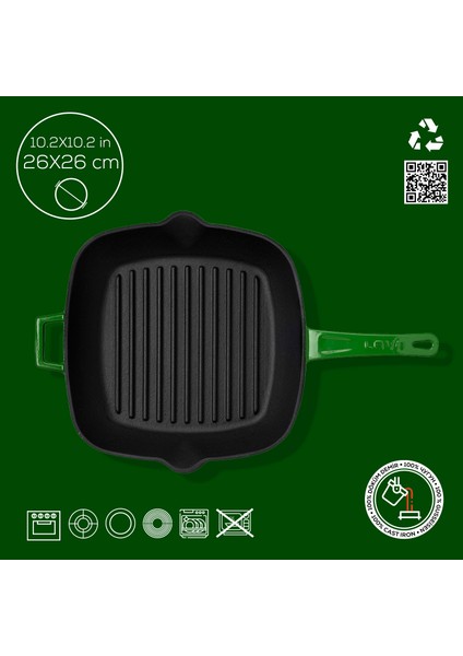 Döküm Izgara Tava, Metal Saplı. Ölçü 26X26CM. - Yeşil modelleri