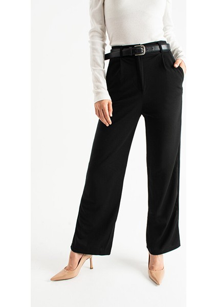 Kadın Siyah Yüksek Bel Köprülü Düz Kesim Palazzo Pantolon