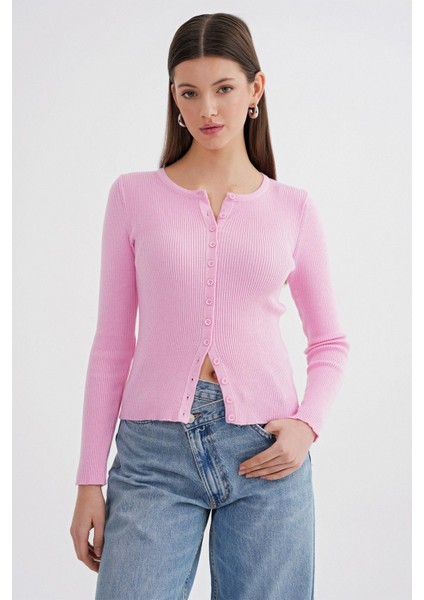 6931 Kadın Düğmeli Fitilli Triko Hırka Pembe