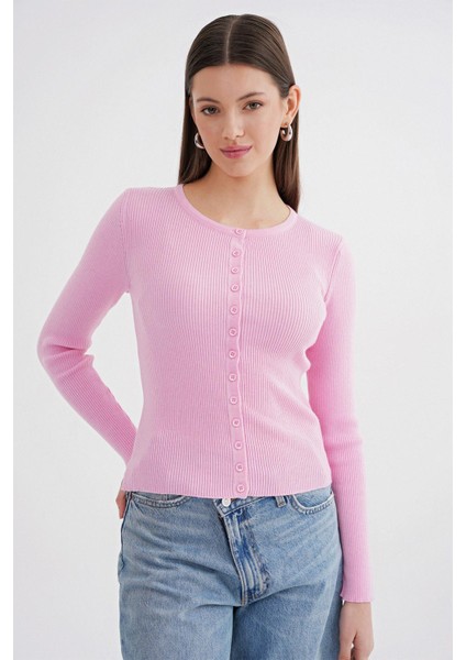 6931 Kadın Düğmeli Fitilli Triko Hırka Pembe fırsatları