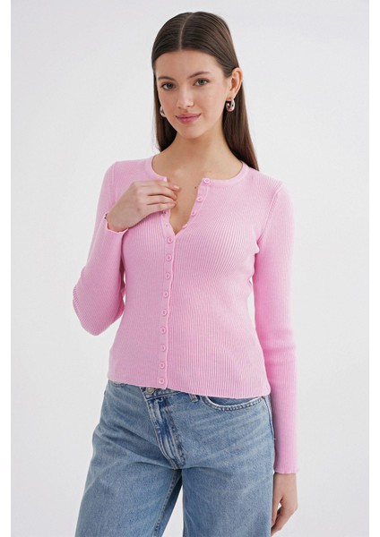 6931 Kadın Düğmeli Fitilli Triko Hırka Pembe indirimleri