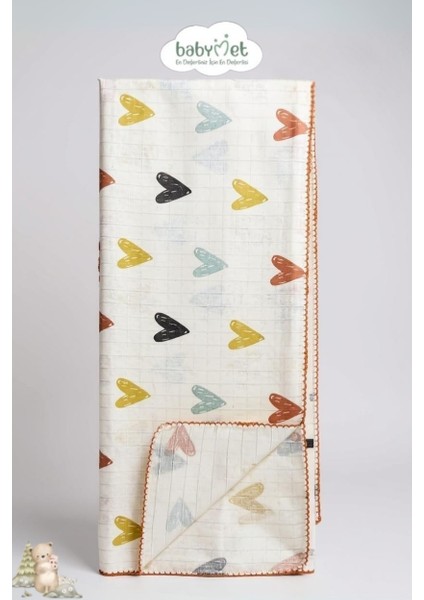 %100 Pamuk Kalp Desenli Müslin Bebek Battaniyesi 90x110 cm – Tek Kat, Yumuşak & Doğal