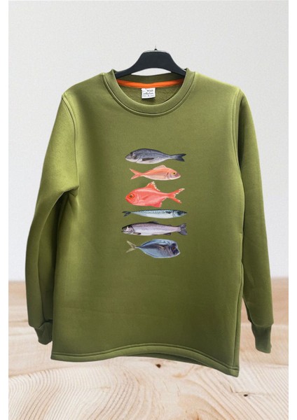 Fishing Balıkçılık Baskılı Renkli Çeşitli Balık Tasarım Baskılı Regular Fit %100 Pamuk Sweatshirt