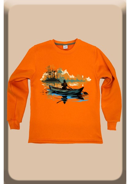 Balıkçı Avcılık Denizde Sandal ile Balık Tutmak Baskılı Regular Fit Bisiklet Yaka Kışlık Sweatshirt