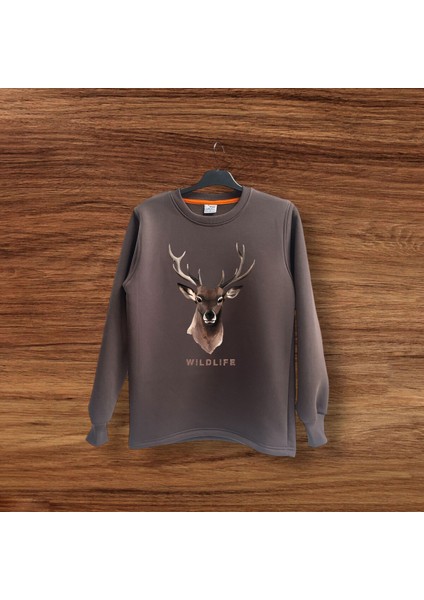 Avcılık Hunter Geyik Baskılı Vahşi Yaşam %100 Pamuk Bisiklet Yaka Sweatshirt