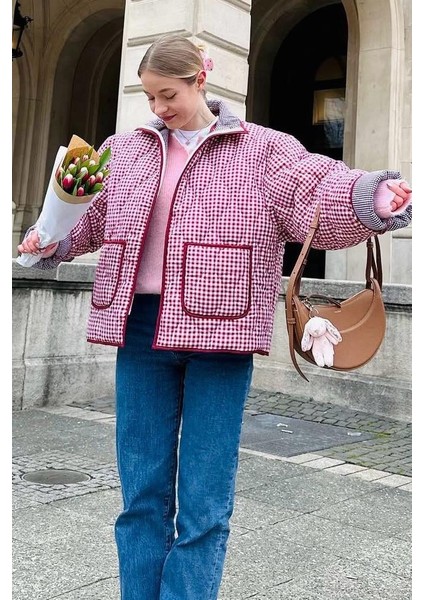 Kırmızı Pötikareli Cepli Kadın Mont MG2488