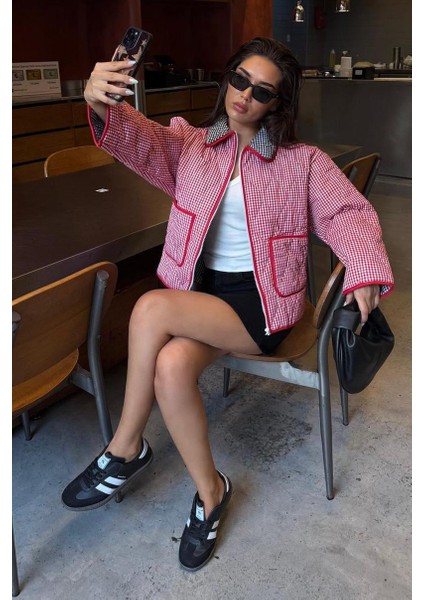 Kırmızı Pötikareli Cepli Kadın Mont MG2488 fiyatları