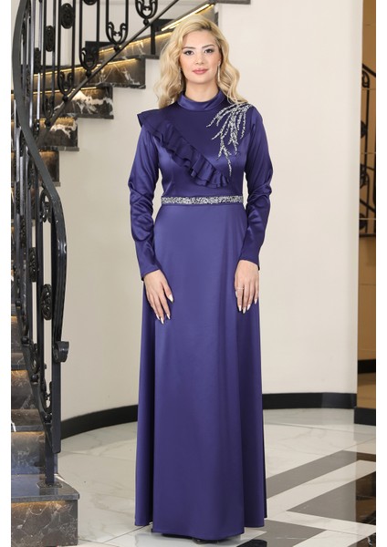 Omuz Taş Baskı Şık Saten Ada Büyük Beden Tesettür Abiye