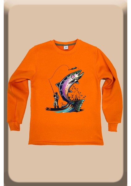 Hunter Avcılık Balıkçılık Alabalık Baskılı Regular Fit %100 Pamuk Bisiklet Yaka Turuncu Sweatshirt