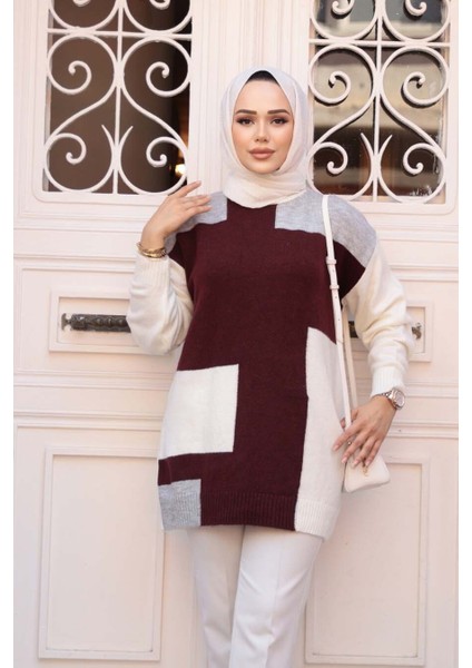 Blok Renkli Gri Tesettür Triko Kazak Tunik 88101GR fiyatları