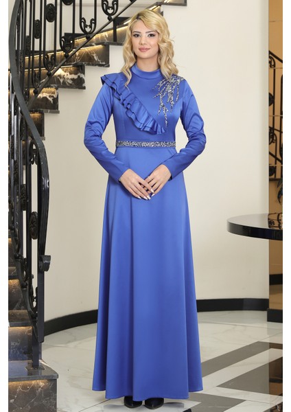 Omuz Taş Baskı Şık Saten Ada Büyük Beden Tesettür Abiye