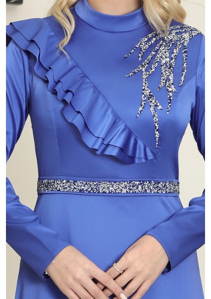 Omuz Taş Baskı Şık Saten Ada Büyük Beden Tesettür Abiye modelleri