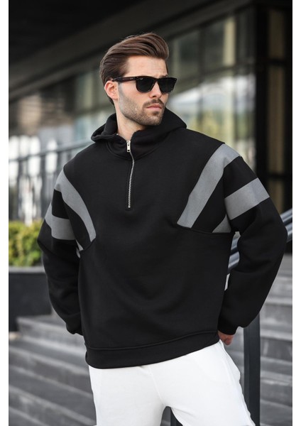 Siyah Fermuarlı Yaka Kapüşonlu Erkek Sweatshirt E7161