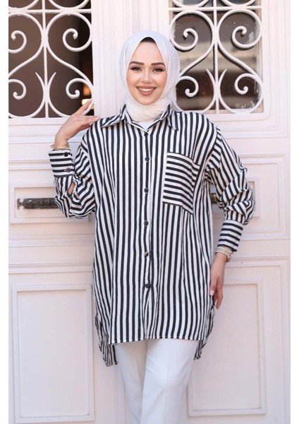 Çizgili Siyah Tesettür Gömlek 10469S