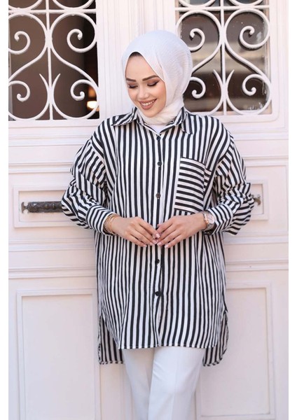 Çizgili Siyah Tesettür Gömlek 10469S fiyatları
