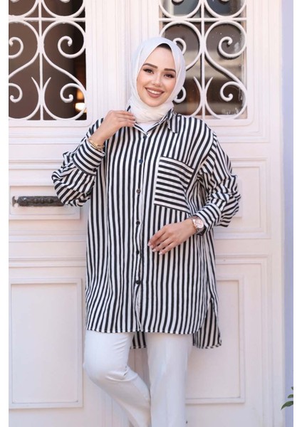 Çizgili Siyah Tesettür Gömlek 10469S modelleri