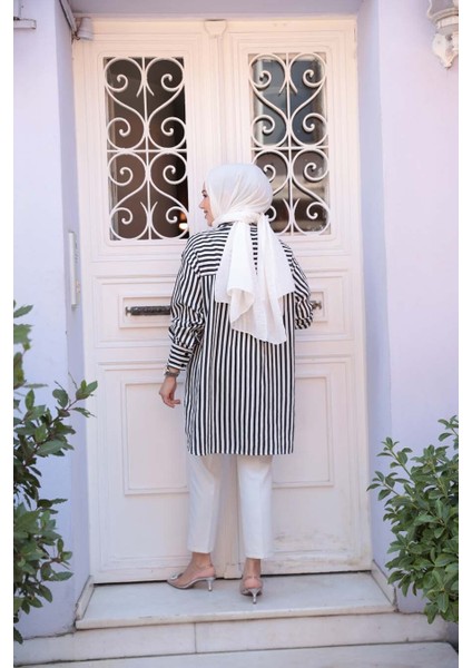 Çizgili Siyah Tesettür Gömlek 10469S fırsatları