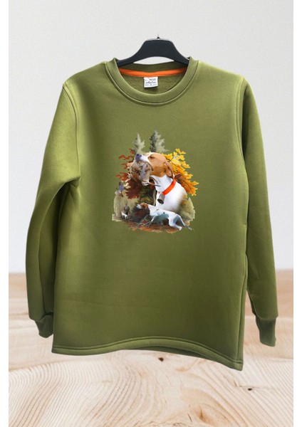 Avcılık Hunting Çulluk ve Av Köpeği English Pointer Baskılı %100 Pamuk Bisiklet Yaka Sweatshirt