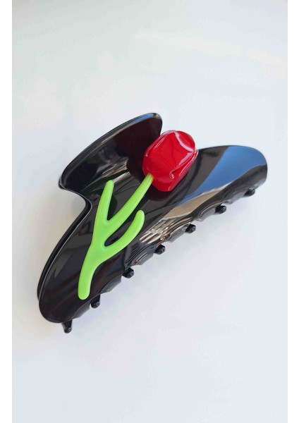 Kemik Üzeri Gül Detaylı Mandal Siyah Toka