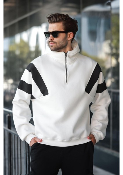 Ekru Fermuarlı Yaka Kapüşonlu Erkek Sweatshirt E7161